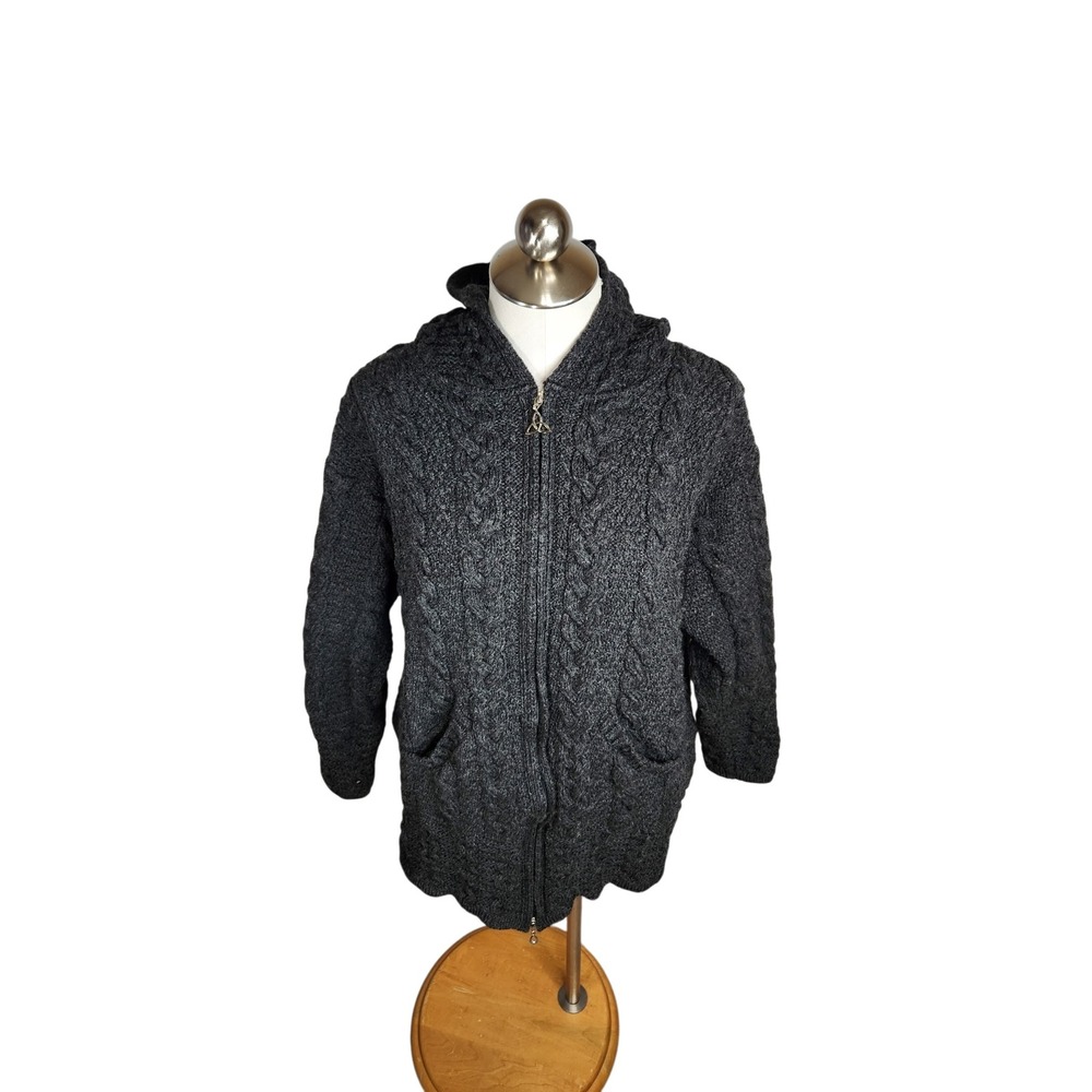 Aran Crafts Sweater Coat Zip Hoodie Women XL Gray Merino Wool Cable Knit Ireland